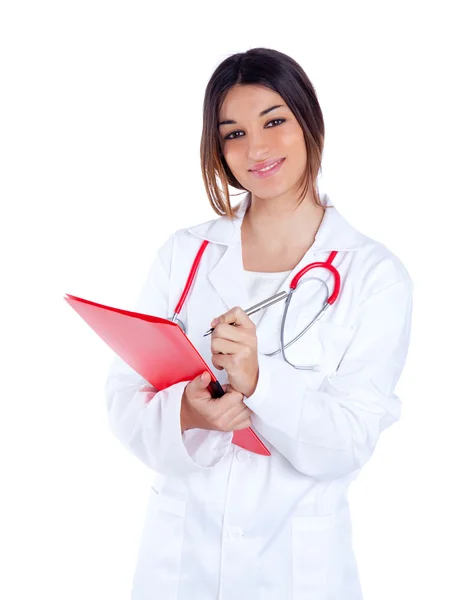 Bruneta indický lékař ženu s červenou složku — Stock fotografie