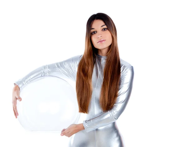 Futuristische silberne Frau mit Glashelm — Stockfoto