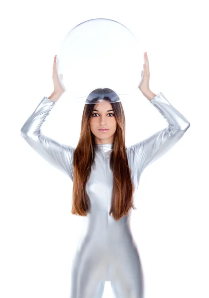 Futuristic silver woman holding glass helmet — Stock Photo, Image