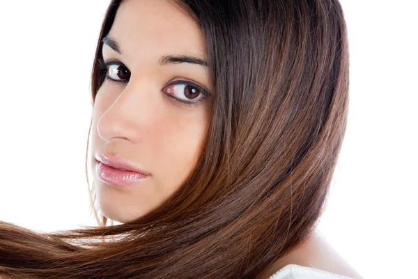 长长的头发特写亚洲黑发印度女人 — 图库照片
