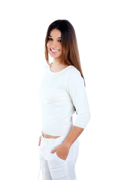 Brunette indian woman on white smiling happy — Stock Photo, Image