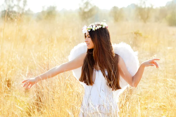 Engel meisje in gouden veld met veer witte vleugels — Stockfoto