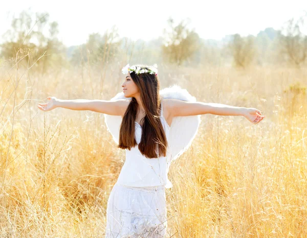 Angel girl in golden field with feather white wings — Stock Photo, Image