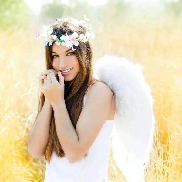 在黄金领域与羽毛白色翅膀的天使女孩 — 图库照片