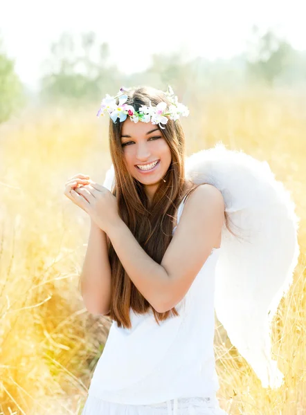 在黄金领域与羽毛白色翅膀的天使女孩 — 图库照片