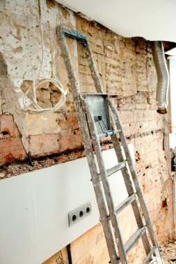 Demolition debris in kitchen interior construction clipart