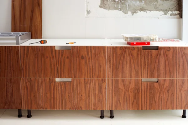 Walnut wood kitchen construcion modern design — Stock Photo, Image