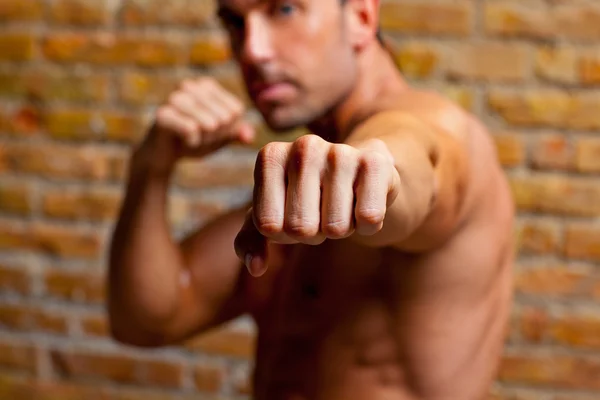 筋肉ボクサー形カメラに男の拳 — ストック写真