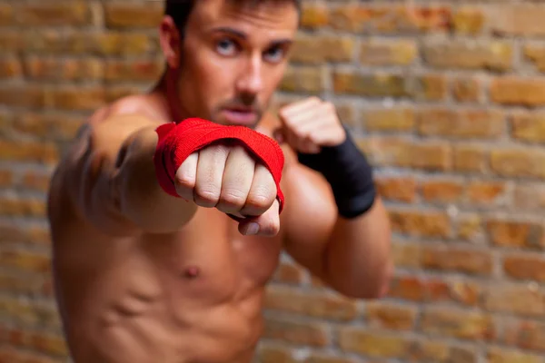 Svalové boxer ve tvaru muže pěstí do fotoaparátu — Stock fotografie
