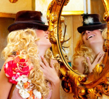 Fashion blond woman with hat in baroque golden mirror clipart