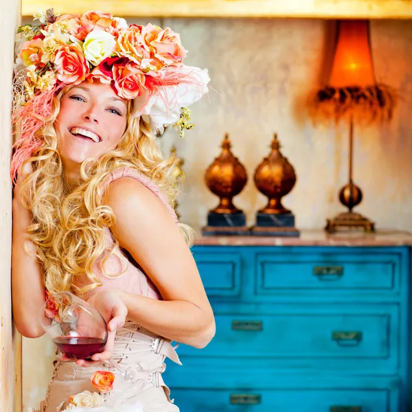 stock image Baroque fashion blond womand drinking red wine