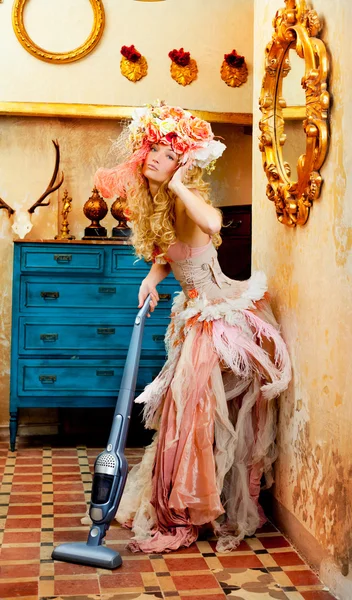 Baroque fashion blonde housewife vacuum cleaner — Stock Photo, Image