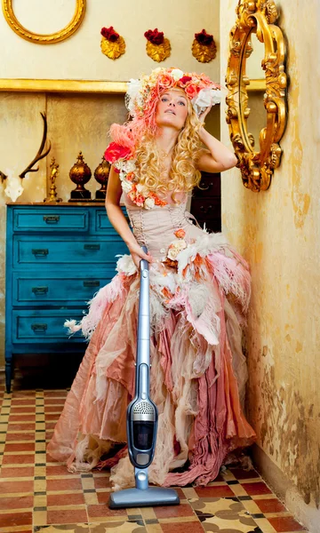 Baroque fashion blonde housewife vacuum cleaner — Stock Photo, Image