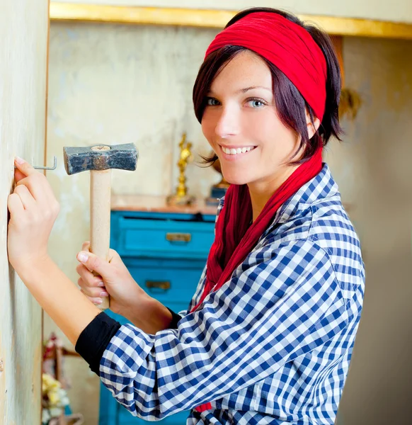 stock image Diy fashion woman with nail and hammer