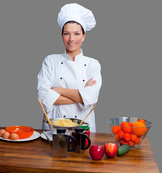 Szef kuchni portret kobiety z białym mundurze — Zdjęcie stockowe