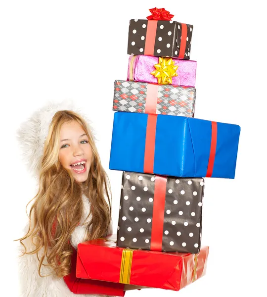 Gyerek karácsony jelen ajándékokat halmozott kislány — Stock Fotó