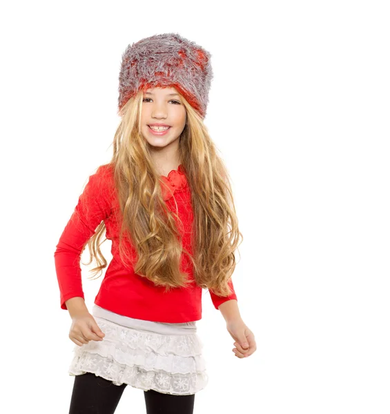 孩子冬季跳舞的女孩戴着红色的衬衫和毛皮帽子 — 图库照片