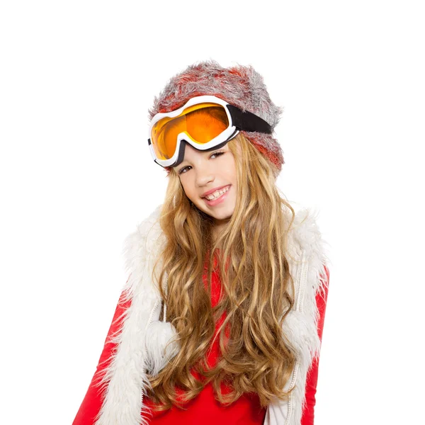 Kid girl with snow winter glasses and white fur — Stock Photo, Image