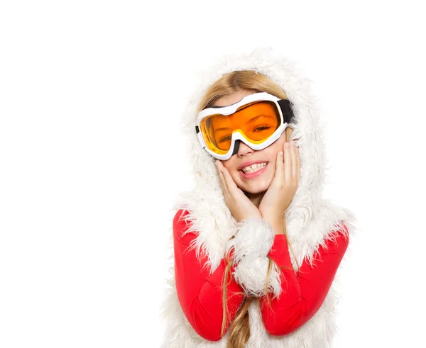 Kid girl with snow winter glasses and white fur — Stock Photo, Image