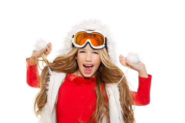 눈 겨울 안경와 흰색 모피 아이 소녀 — 스톡 사진