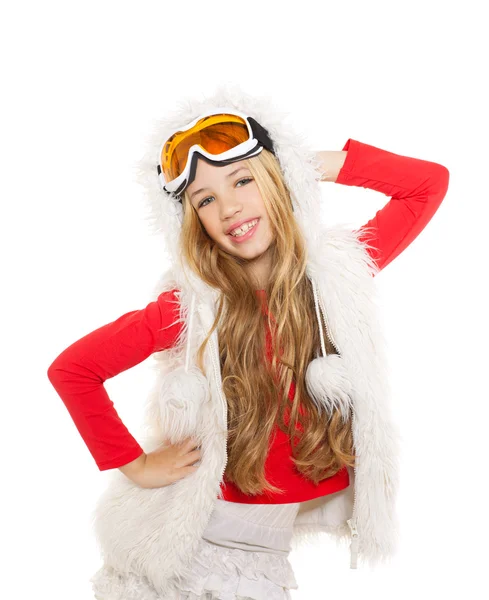 Ragazza con neve occhiali invernali e pelliccia bianca — Foto Stock