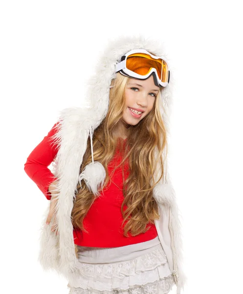 Jongen meisje met sneeuw winter bril en witte vacht — Stockfoto