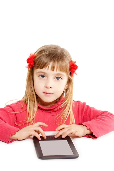 Blond kid little girl with ebook tablat pc portrait — Stock Photo, Image