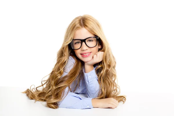 Blond fashion kid girl with glasses portrait on white — Stock Photo, Image