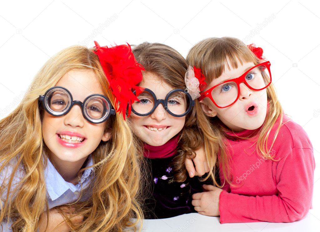 Nerd children girl group with funny glasses
