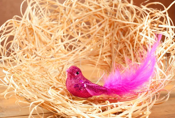 ピンクの羽とキラキラとわらの巣の鳥 — ストック写真