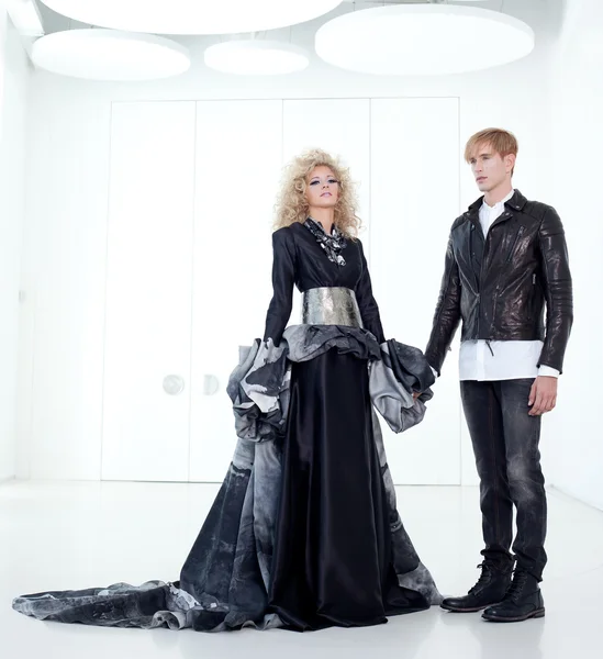 Black haute couture retro futurist couple — Stock Photo, Image