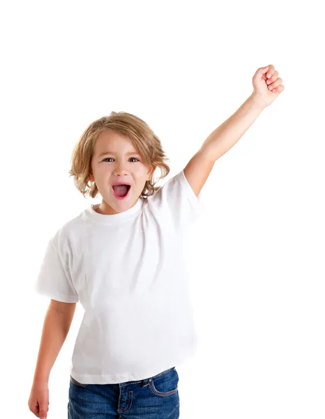 Niños niño gritando con feliz expresión mano arriba — Foto de Stock