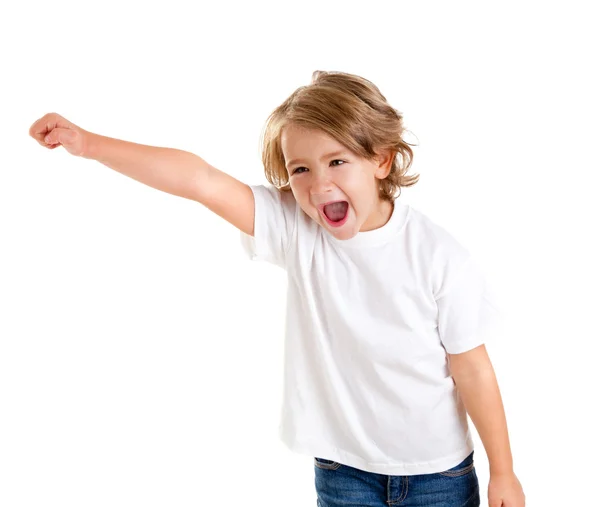 Barn barn barn skriker med glada uttryck hand upp — Stockfoto
