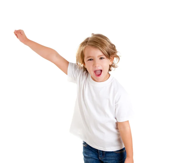 Niños niño gritando con feliz expresión mano arriba —  Fotos de Stock