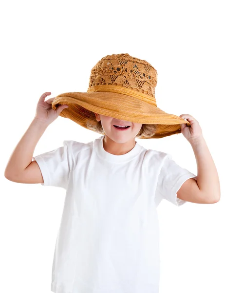 Happy little kid girl with summer hat isolated — Stock Photo, Image