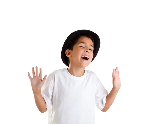 Menino gesto com chapéu preto isolado em branco — Fotografia de Stock
