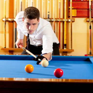 Billiard winner handsome man playing with cue clipart