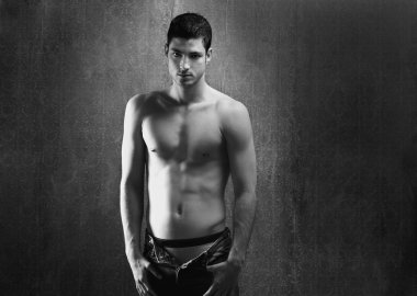 Black and white sexy young denim shirtless man clipart