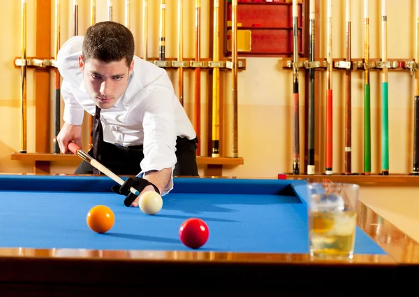 Billiard winner handsome man playing with cue and balls — Stock Photo, Image