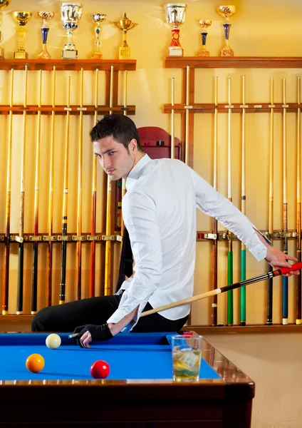 Billiard winner handsome man playing with cue — Stock Photo, Image