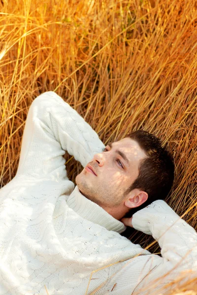 Otoño invierno retrato de hombre tendido en hierba dorada —  Fotos de Stock