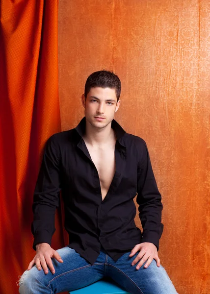 Latin spanish man portrait open black shirt — Stock Photo, Image