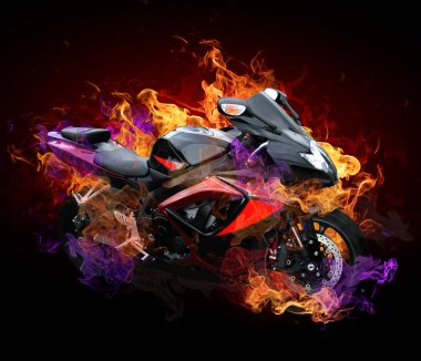 Motorcycle in wild flames clipart