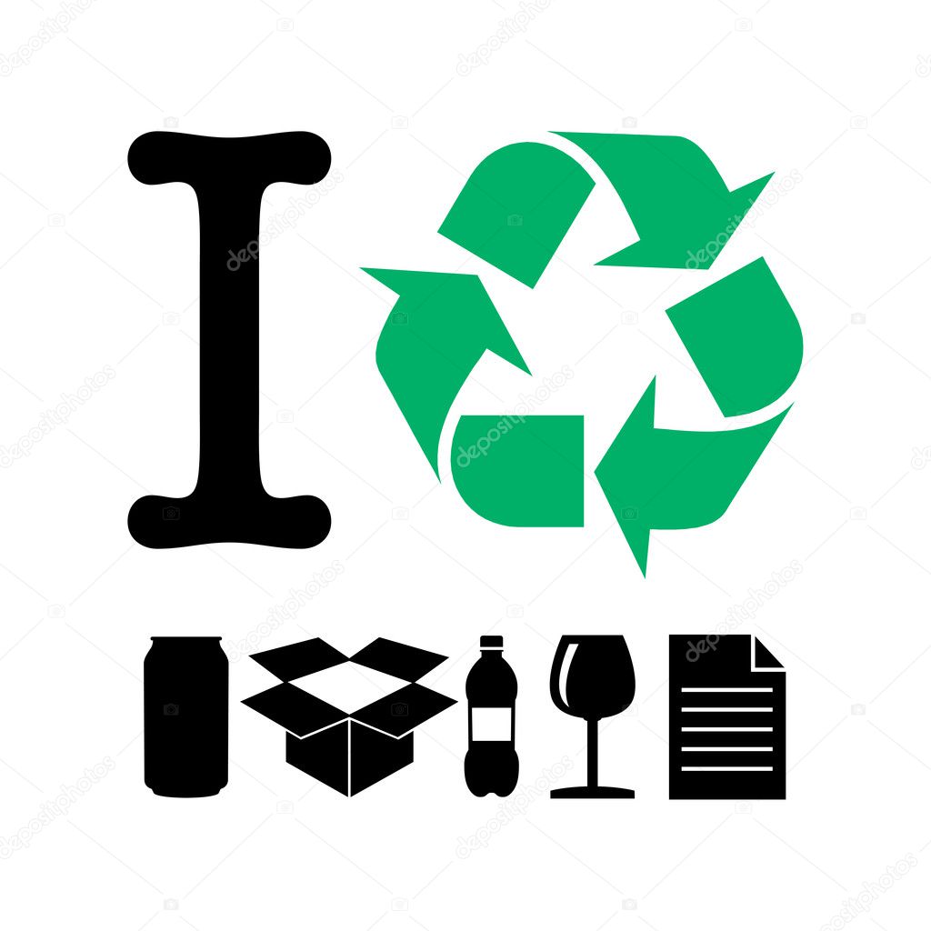 I recycle, green recycle sign and differents material icons