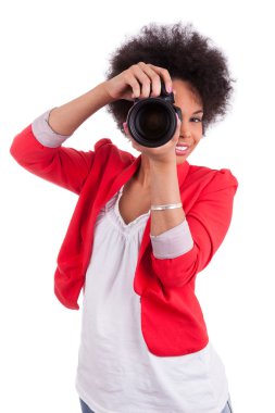 Genç Afro-Amerikan fotoğraf ile fotoğraf makinesi