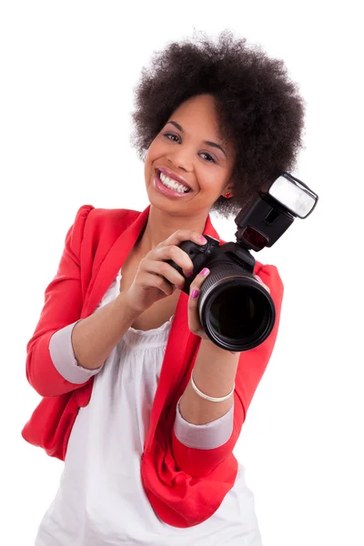Молодий афроамериканець фотограф з камерою — стокове фото