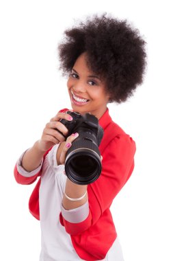 Genç Afro-Amerikan fotoğraf ile fotoğraf makinesi