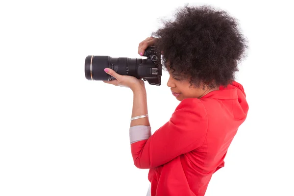 Молодий афроамериканець фотограф з камерою — стокове фото