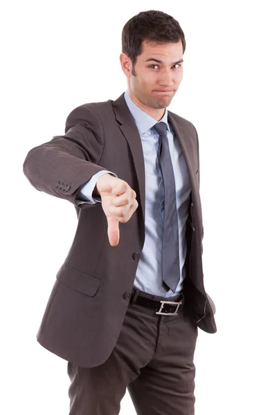 Young caucasian business man making thumbs down — Stock Photo, Image