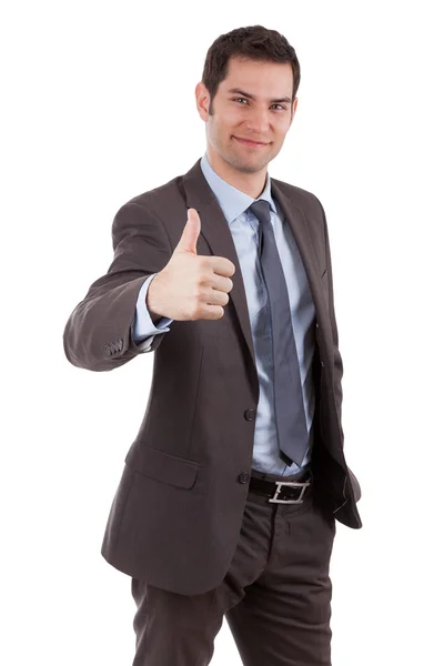 Молодой кавказский бизнесмен делает большой палец вверх жестом — стоковое фото